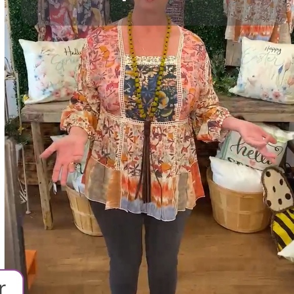 John Mark Plus Size Mixed Print Crochet Trim Square Neck 3/4 Cuff Sleeve - Picture 3 of 14